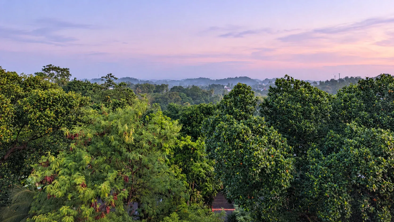 Private balcony at Greenview Apartment overlooking green treetops and distant Galle hills at dusk